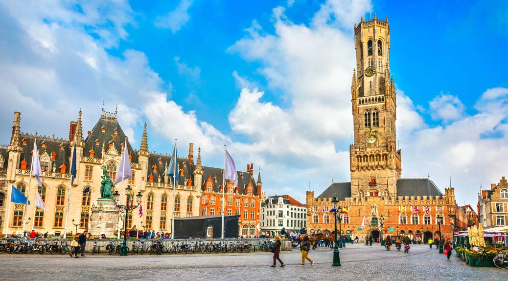 Market Square in Bruges, Belfort tower building in historical centre of old town.